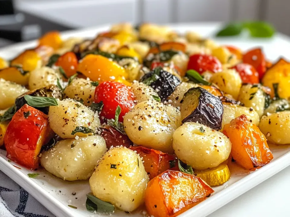 Roasted gnocchi and cherry tomatoes, zucchini and bell pepper on a sheet pan, basil and cheese scattered over