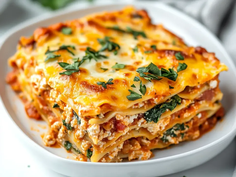 A lasagna slice on a white plate showing pale cottage cheese and spinach layers with meat sauce under a browned cheese top