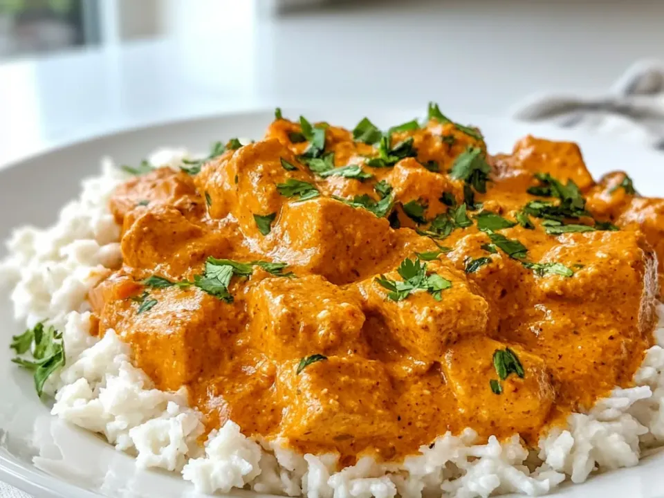 Cubes of chicken in an orange-red masala sauce served over white rice and scattered with coriander