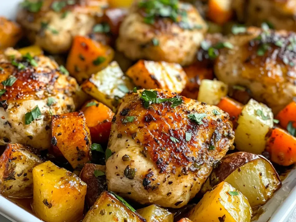 Browned chicken thighs on a white sheet pan with roasted carrot, sweet potato and red onion wedges, scattered with herbs