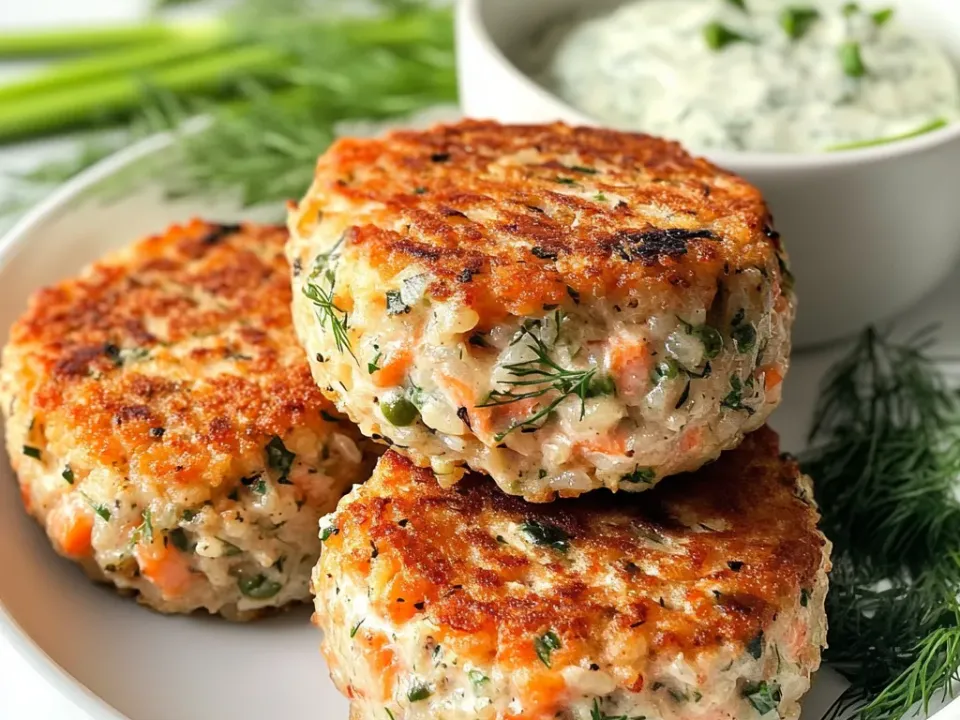 Three round salmon rice cakes with deep golden crusts showing flaked pink salmon, rice grains and dill inside, beside a ramekin of pale dill mayonnaise with fresh dill alongside