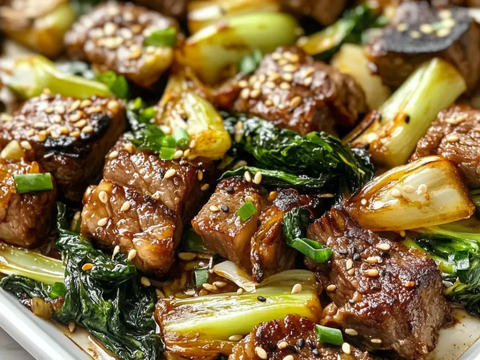 Glazed slices of flank steak with charred baby bok choy, sesame seeds and sliced spring onion on a white platter