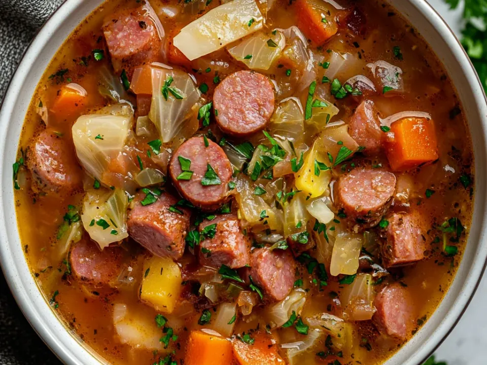 Bowl of kielbasa and cabbage soup with sliced sausage rounds, carrot and potato in a tomato-tinted broth