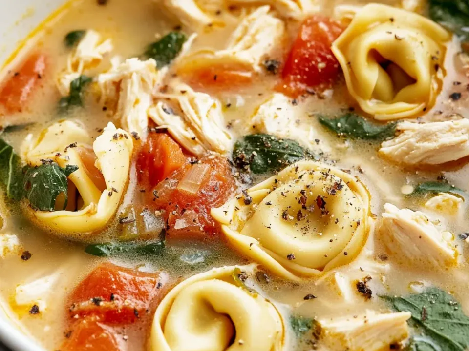 Bowl of chicken tortellini soup with spinach, tomatoes and cheese tortellini