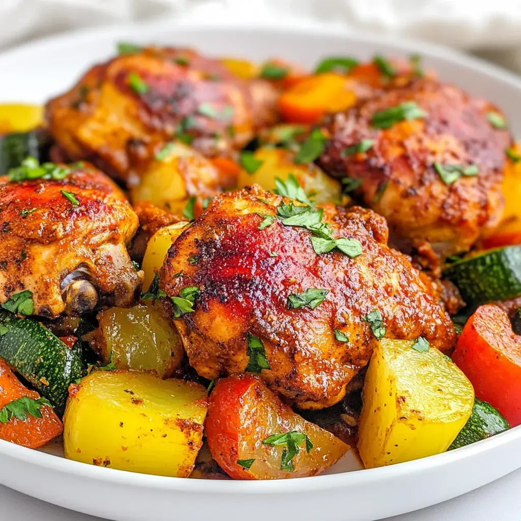 Browned red-spiced chicken thighs with chunks of zucchini, carrot and red pepper, finished with chopped cilantro