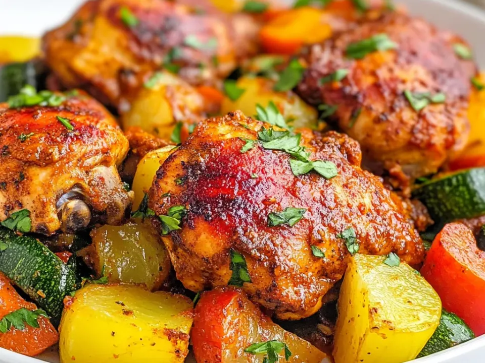 Browned red-spiced chicken thighs with chunks of zucchini, carrot and red pepper, finished with chopped cilantro