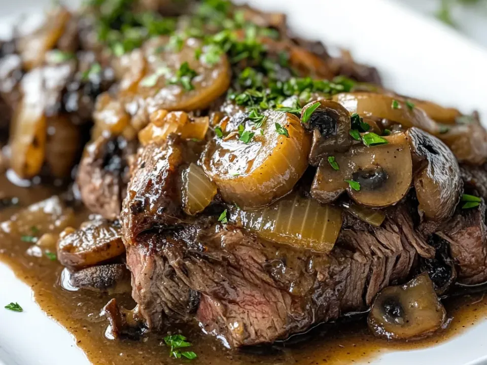 Sliced and pulled slow-cooked beef chuck on a white platter under sliced mushrooms, softened onion and glossy brown gravy