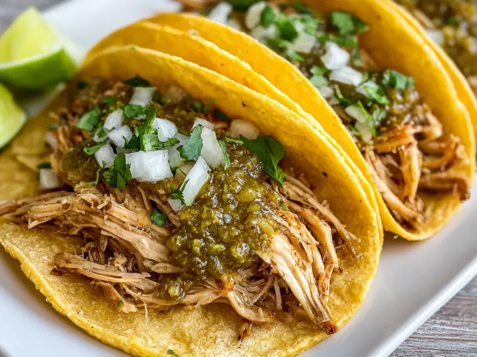 Yellow corn tortillas on a white platter filled with shredded chicken in green salsa verde, topped with raw white onion and cilantro, lime wedges alongside