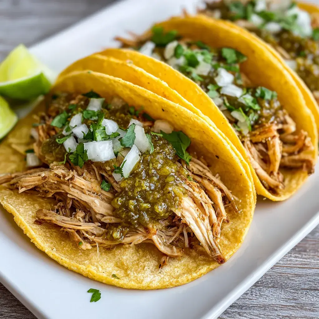Yellow corn tortillas on a white platter filled with shredded chicken in green salsa verde, topped with raw white onion and cilantro, lime wedges alongside