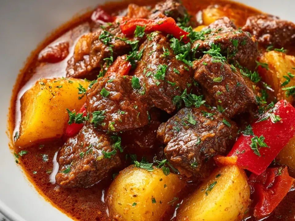 Chunks of dark braised beef with golden potato pieces and red pepper strips in a glossy deep red-orange paprika sauce in a white bowl, scattered with parsley