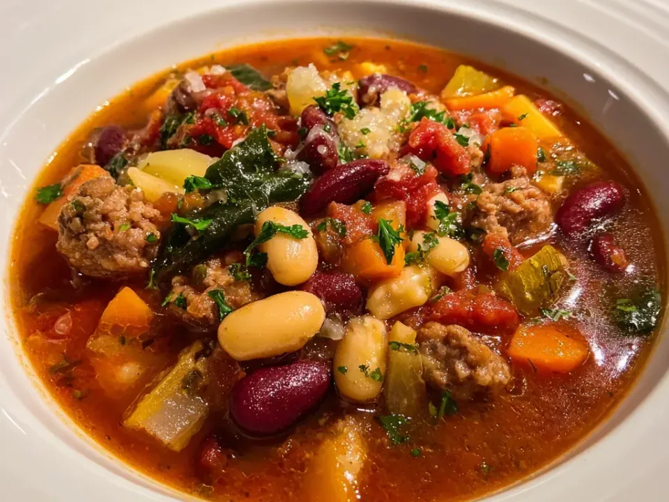 A wide white bowl of chunky tomato-broth minestrone with browned sausage pieces, red kidney and white beans, diced carrot, celery, potato, wilted dark greens and chopped parsley