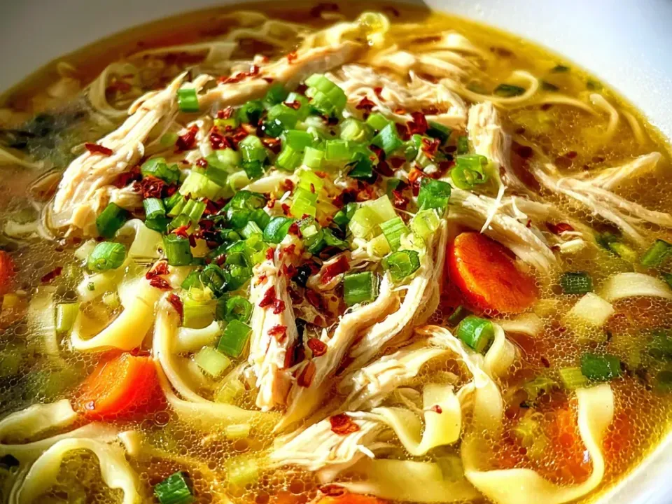 Clear golden broth with flat egg noodles, shredded chicken and carrot rounds in a white bowl, with heavy sliced scallion and red chilli flakes