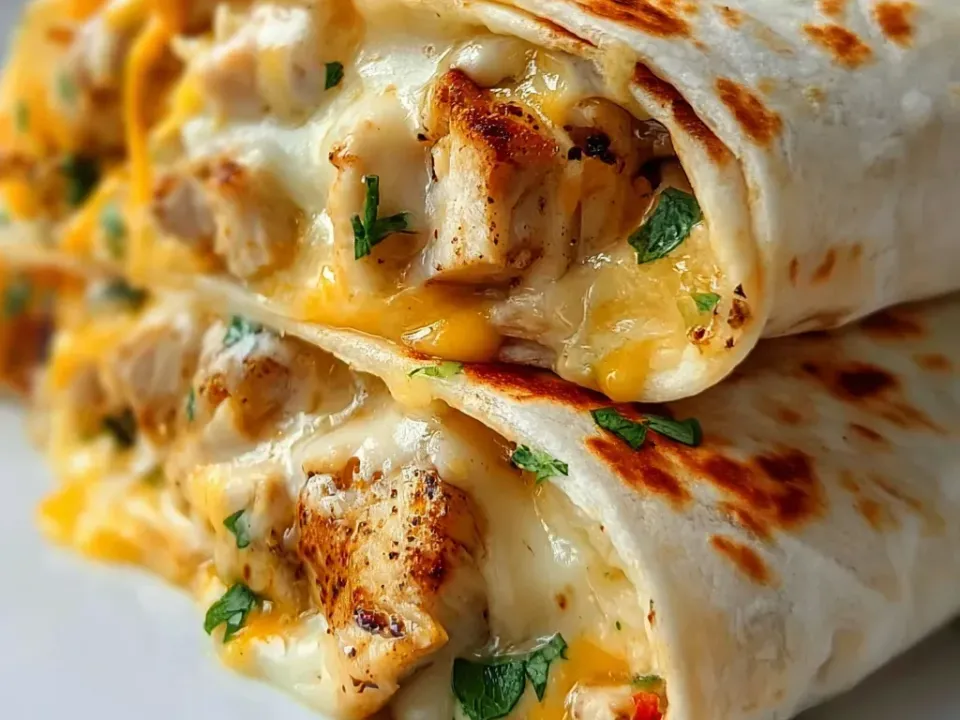 Two griddled flour tortilla wraps with dark toasted patches, cut open to show seared chicken cubes in melted white and orange cheese with parsley and red pepper
