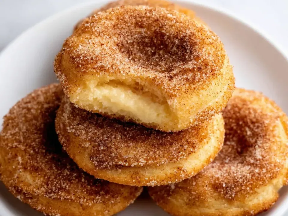 Round thick cookies coated all over in cinnamon-sugar, stacked on a white plate, the top one broken to show a pale creamy filling inside