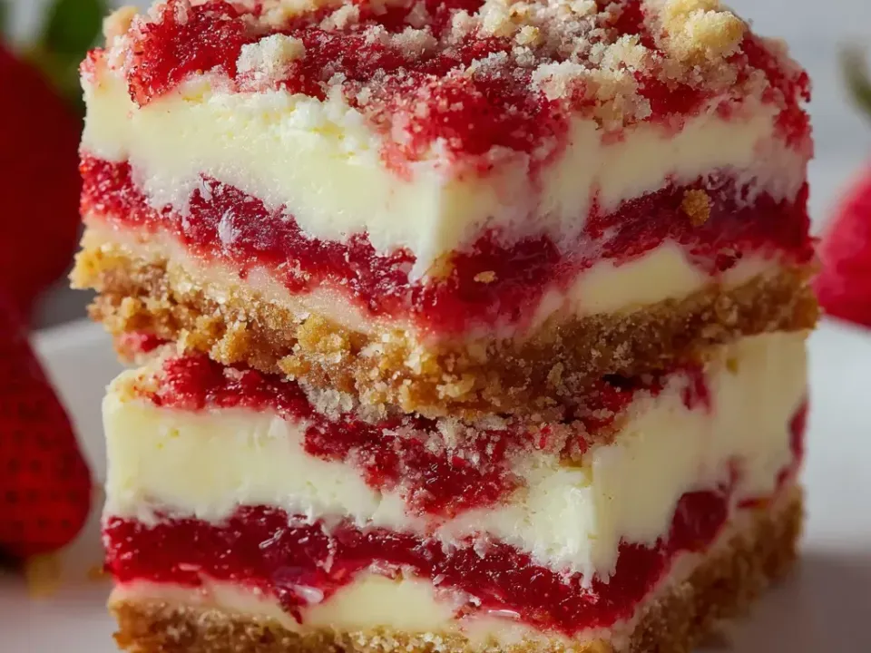 Two stacked square bars showing five layers: a golden pressed crumb base, pale cheesecake, a bright red seeded strawberry layer, more cheesecake and a coarse golden crumble on top