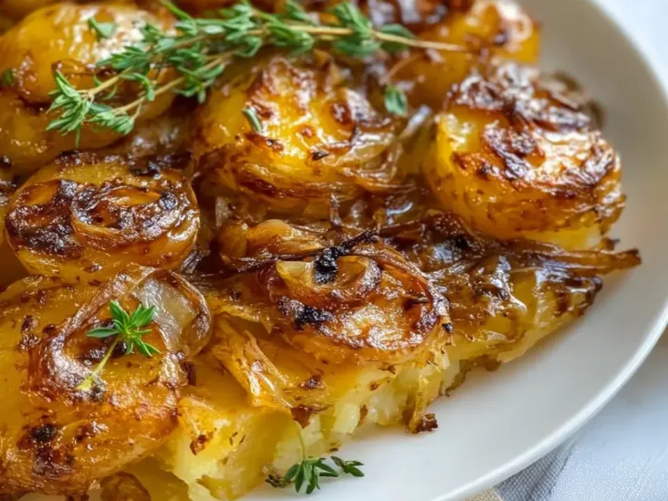 Sliced potato rounds under a heavy layer of deeply caramelised dark-brown onions with thyme sprigs, browned and crisp at the edges, on a white plate