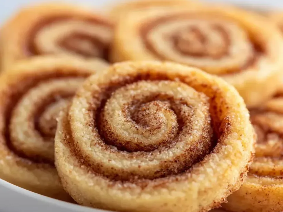 Flat golden pinwheel cookies with a tight cinnamon-sugar spiral and no icing, piled on a plate