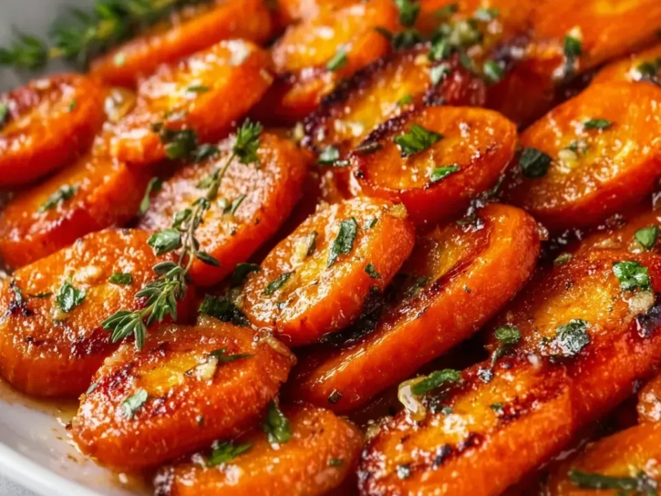 Thick carrot coins roasted with deeply caramelised faces, glazed in glossy honey-garlic butter with fresh thyme sprigs and chopped parsley on a white plate