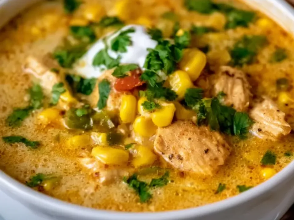 A white bowl of golden soup with corn kernels, diced chicken, green chilli and heavy cilantro, topped with a dollop of sour cream