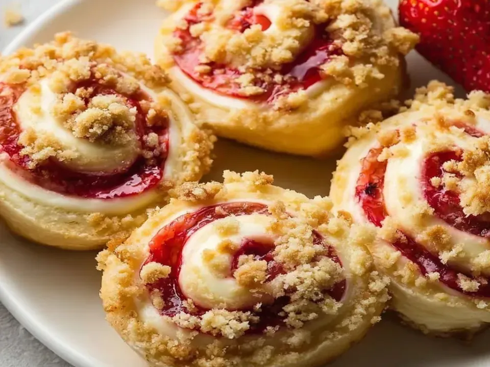 Round swirled rolls on a pale soft dough base, each spiral holding a bright red glossy strawberry filling and a white cream cheese ribbon, the tops entirely covered in coarse golden crumble