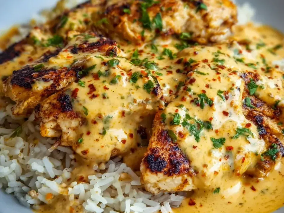 A plate of charred seared chicken breast pieces over fluffy white rice, covered in a creamy orange sauce with red chili flakes and chopped parsley