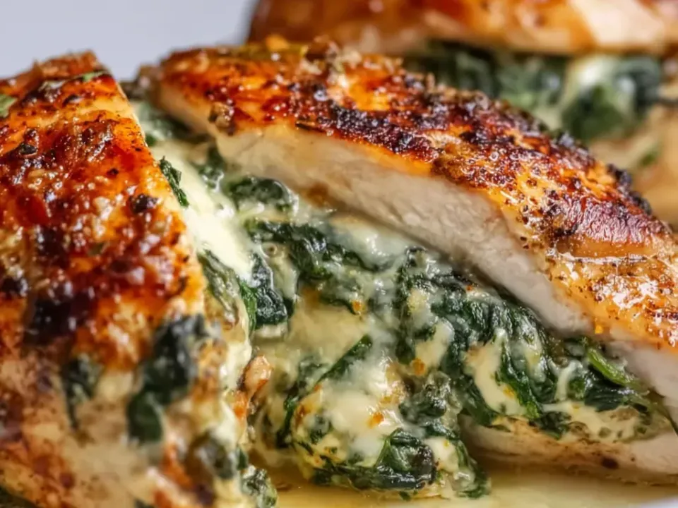 Chicken breasts with a browned paprika-seasoned surface on a white plate, sliced open to show a creamy spinach filling with melted cheese, in buttery pan juices