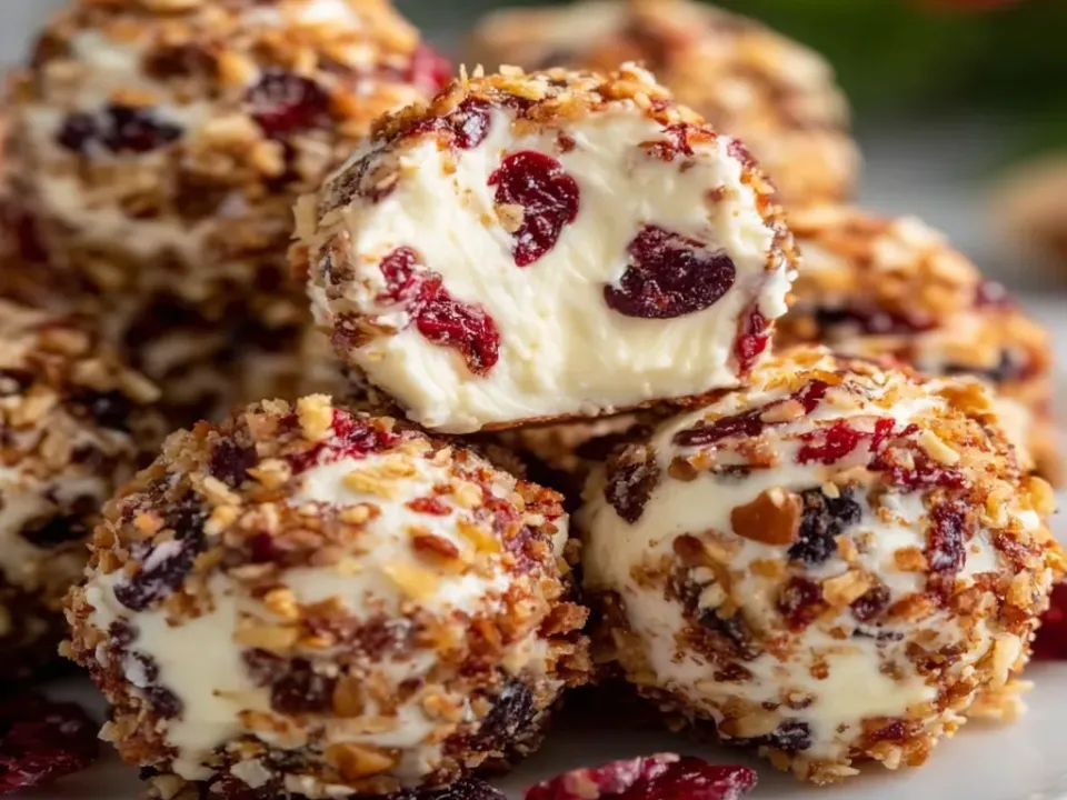 Small cheese balls coated in chopped pecans and dried cranberries on a white plate, one cut open to show the cranberry-studded cream cheese inside