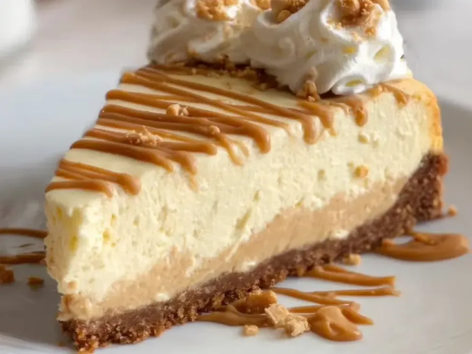 A slice of cheesecake with a dark graham crust, a thin tan peanut butter band, a pale filling, peanut butter drizzle and a whipped cream rosette topped with chopped peanuts