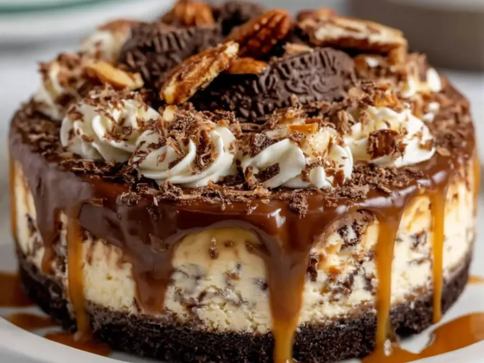 A no-bake chocolate cheesecake on a dark cookie crust, topped with whipped cream, toasted pecans, coconut and caramel drizzle