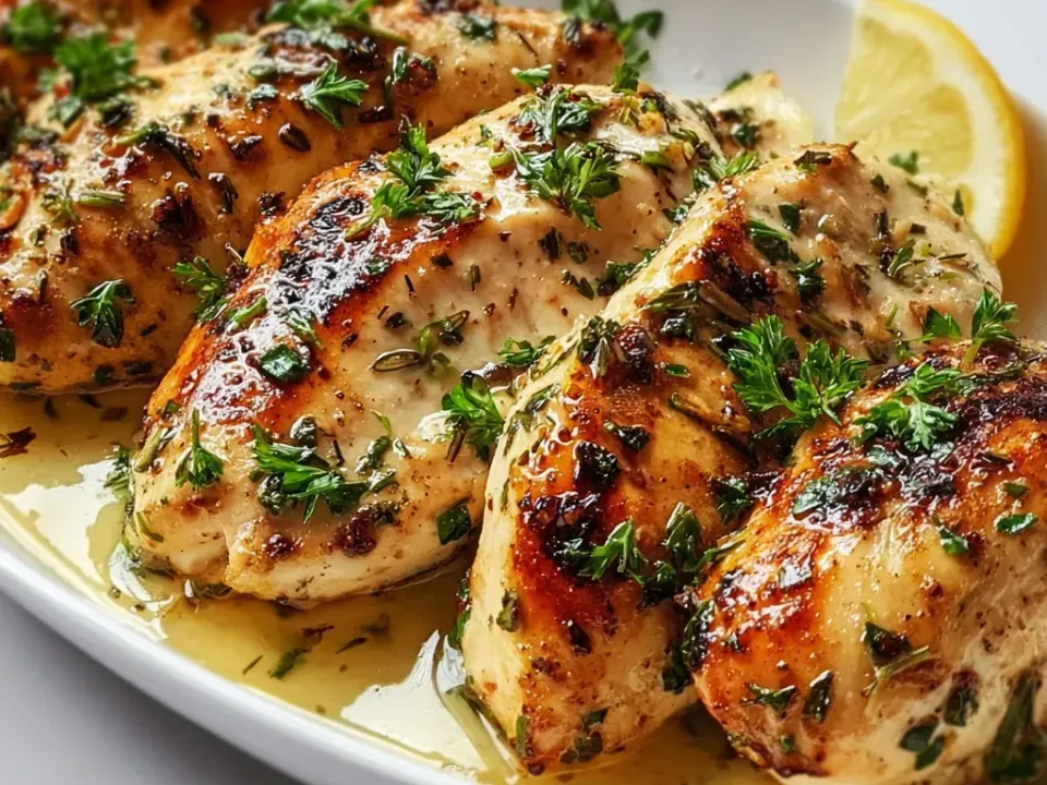 Whole seared chicken breasts with charred browned patches on a white platter, heavily coated in chopped parsley and dried herbs, in thin golden buttery pan juices with a lemon wedge