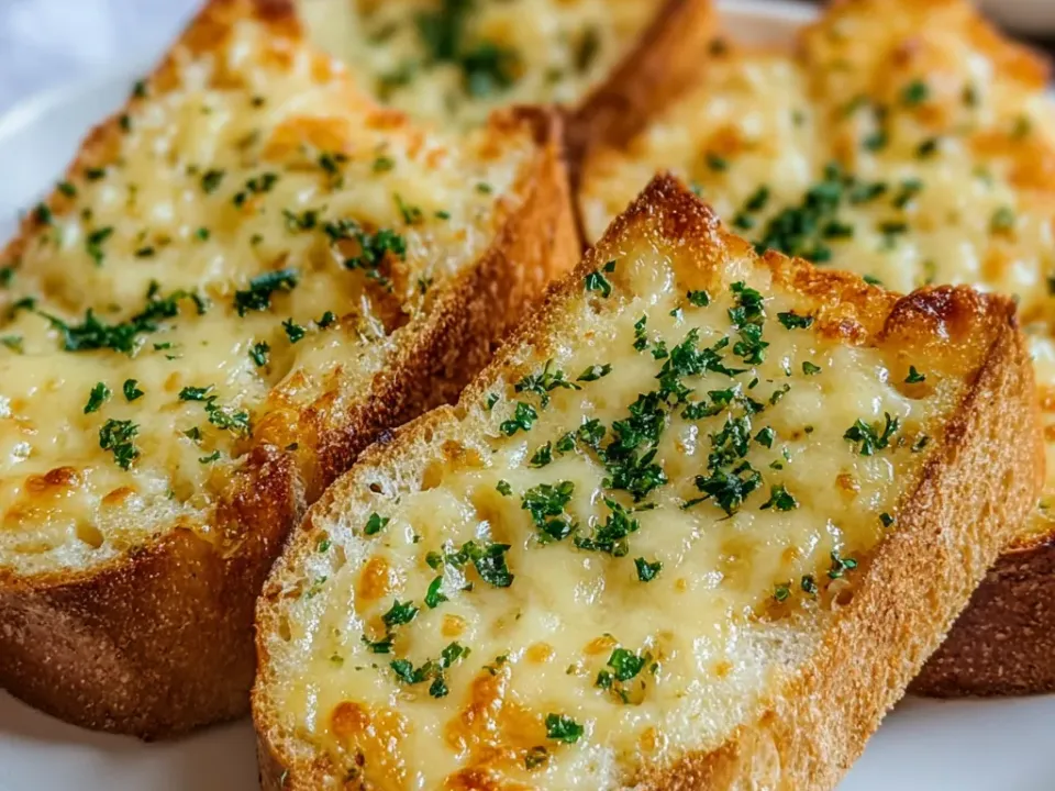 Halved lengths of crusty bread covered in bubbling, browned melted cheese and chopped parsley on a white plate