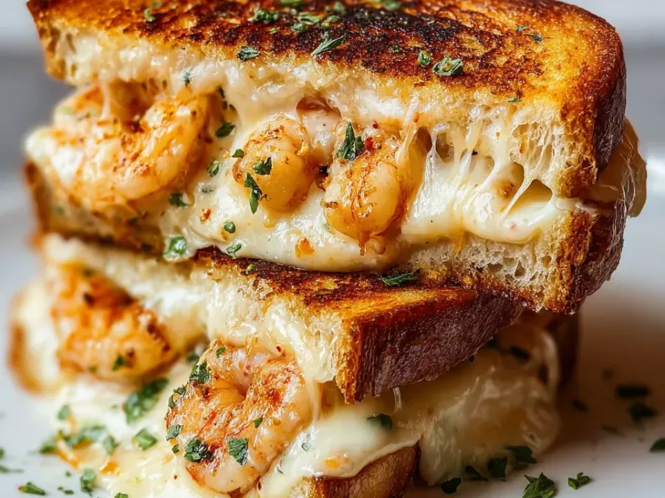 Two stacked halves of a griddled thick-cut white bread sandwich filled with whole pink shrimp and stretching melted white cheese, scattered with parsley