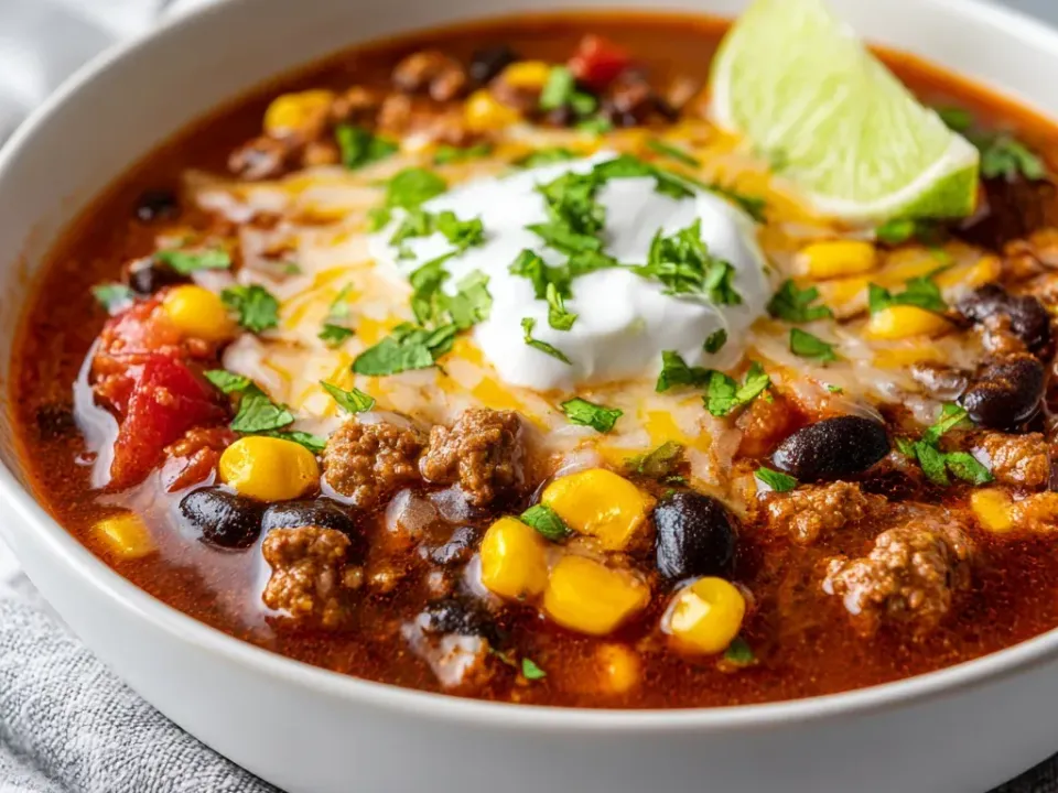 A white bowl of red-orange taco soup with ground beef, black beans, corn and diced tomato, topped with shredded cheddar, sour cream, cilantro and a lime wedge