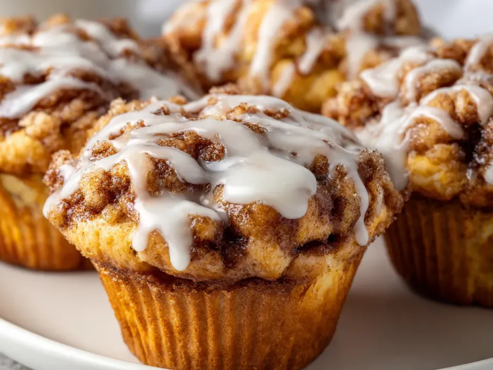 Tall paper-lined muffins with domed cinnamon-streaked tops, crumbly streusel and thick drizzles of white icing