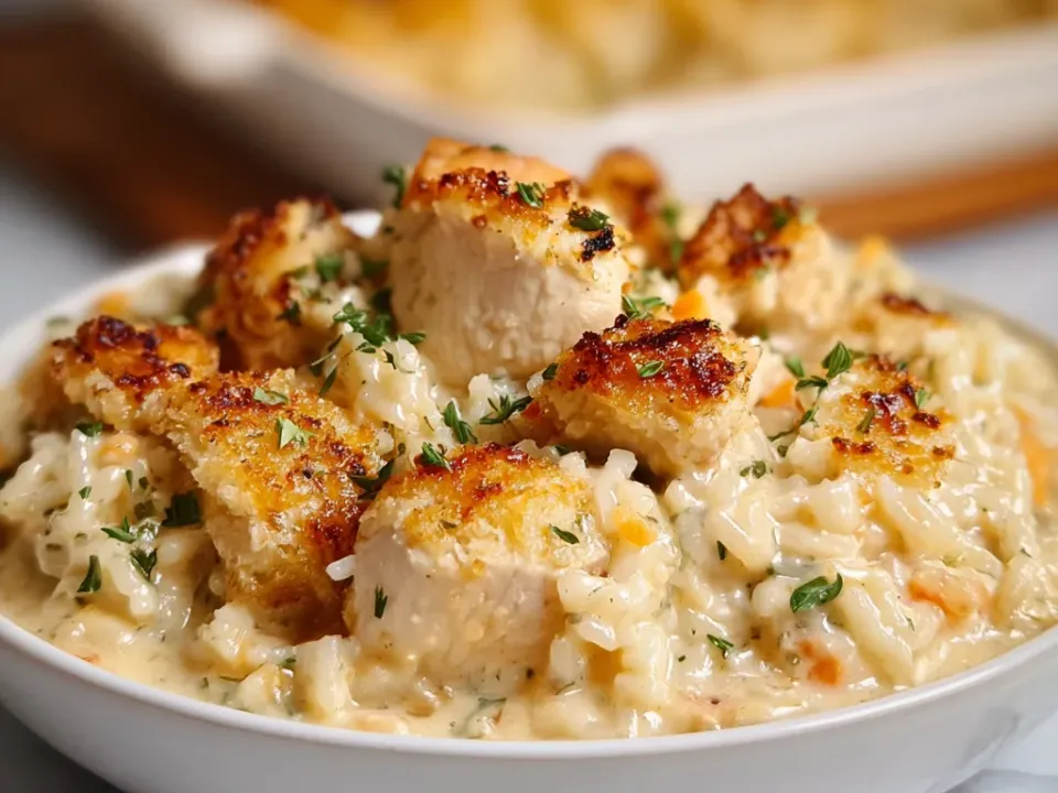 A white bowl of chopped chicken and rice in a thick creamy sauce topped with browned melted cheese, with the baking dish behind