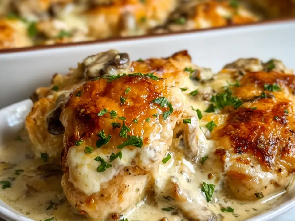 Chicken portions under a melted, browned Muenster crust in a creamy pale mushroom sauce with sliced mushrooms and parsley on a white plate