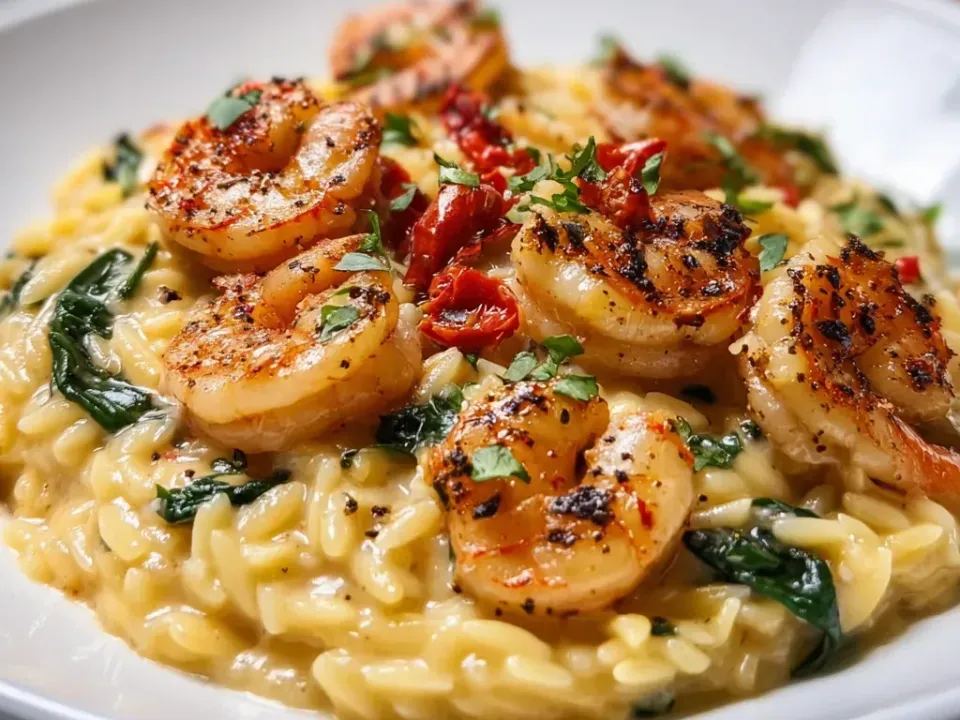 Seared shrimp with dark edges on a bed of creamy yellow orzo with wilted spinach and sun-dried tomato pieces in a white bowl, with chopped herbs and coarse black pepper