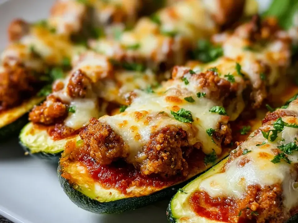 Halved zucchini boats filled with red marinara sauce and chunks of golden breaded chicken, blanketed with melted white mozzarella browned in patches and scattered with chopped fresh parsley
