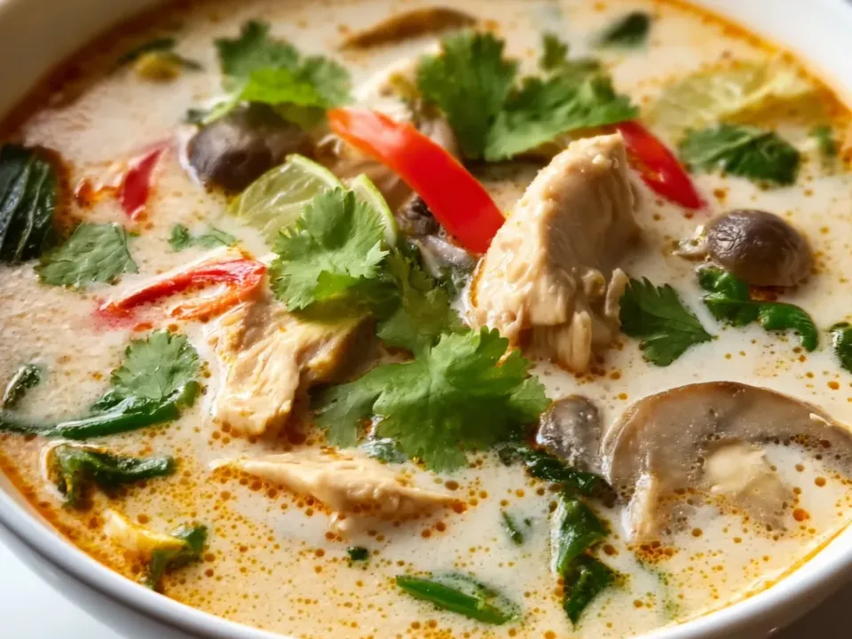 A white bowl of pale coconut broth with sliced chicken, mushrooms, red chilli and cilantro leaves