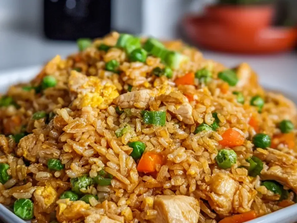 A white platter of fried rice with diced chicken, scrambled egg, green peas, diced carrot and sliced green onion, lightly browned with soy sauce