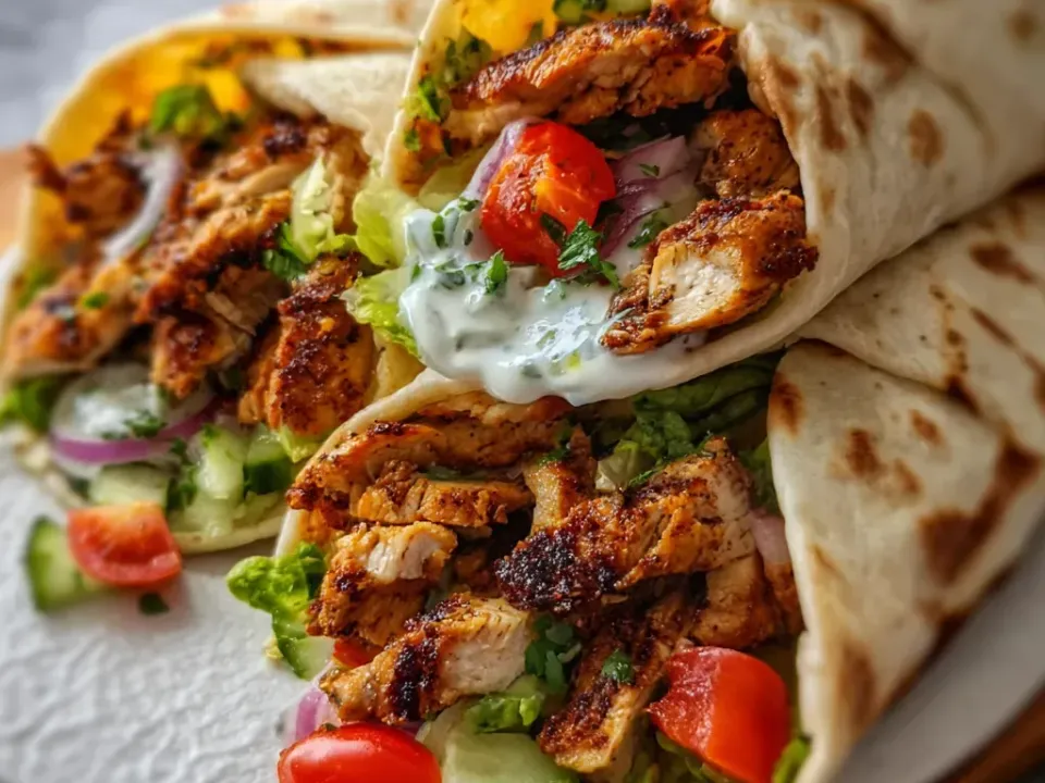 Soft flatbread wraps with browned blistered spots holding dark spiced chicken strips, shredded lettuce, cucumber, tomato halves, red onion and a white herb-flecked yogurt sauce