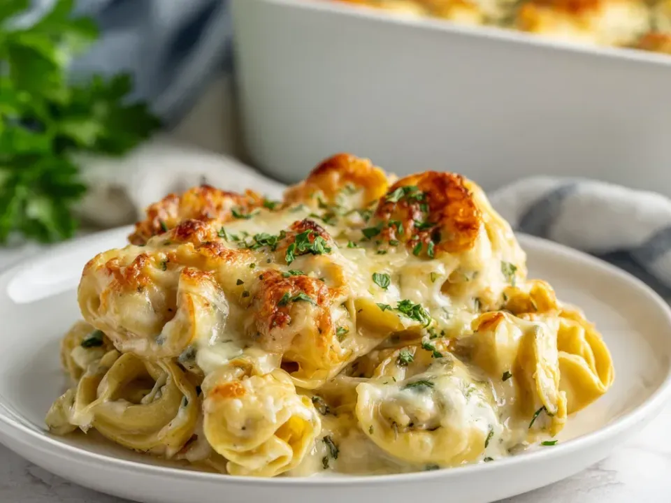 A plated serving of cheese tortellini in a pale creamy sauce with green flecks under melted cheese browned in patches, sprinkled with parsley, the baking dish behind