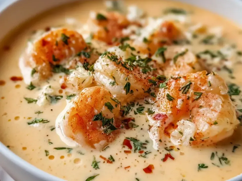 A smooth thick pale orange-cream bisque with no solids in the liquid, topped with whole pink shrimp dusted with paprika, chopped parsley, cracked black pepper and red chilli flakes