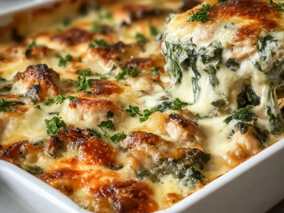 A white baking dish of chicken pieces and chopped spinach in a thick browned cheese sauce, with a serving lifted on a spoon