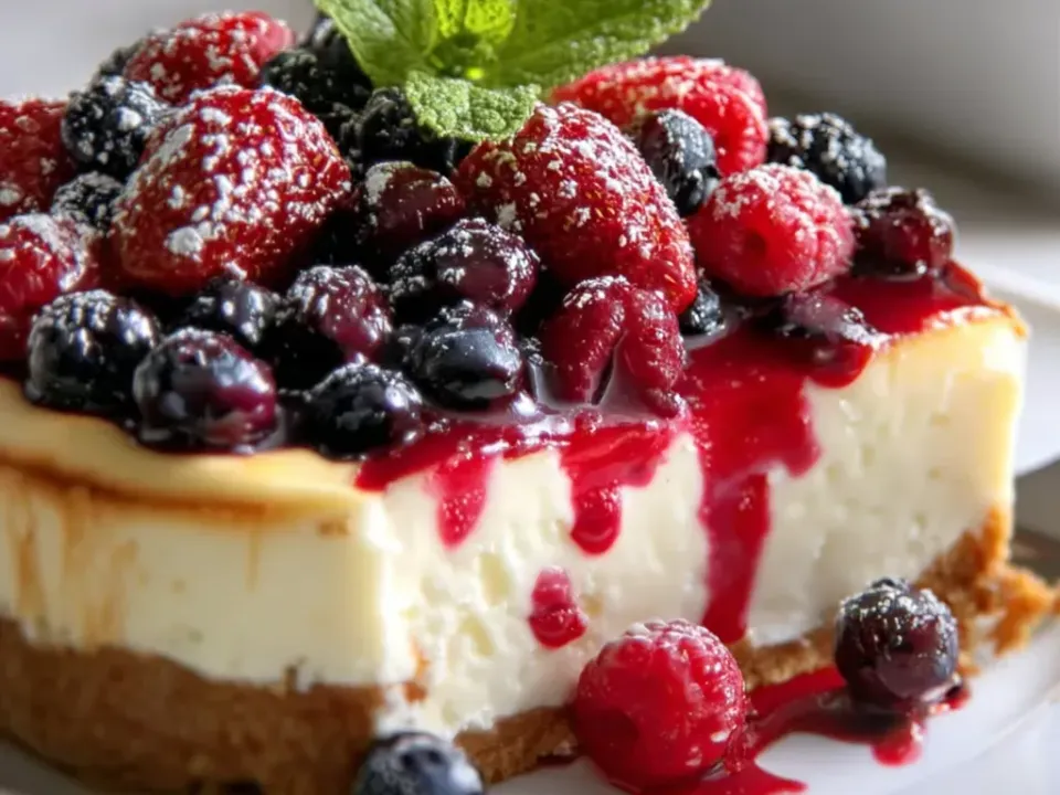 A slice of white vanilla cheesecake on a golden graham crust piled with strawberries, raspberries, blackberries and blueberries, with red berry sauce running down the side and a mint sprig