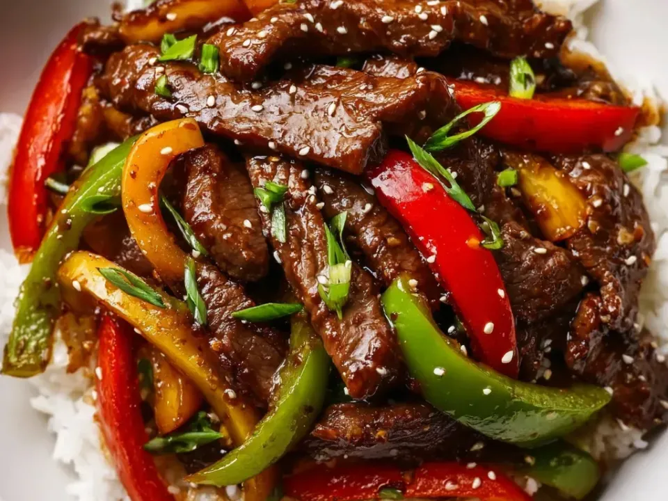 A white bowl of thin-sliced seared beef strips in a dark glossy sauce with red, green and yellow bell pepper strips, sliced green onion and sesame seeds over white rice