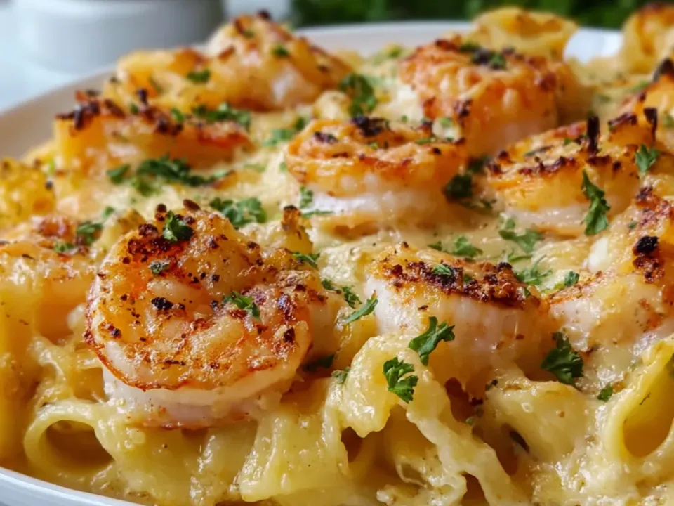 Baked penne under a cream sauce in a white dish with browned seared shrimp arranged on top and chopped parsley