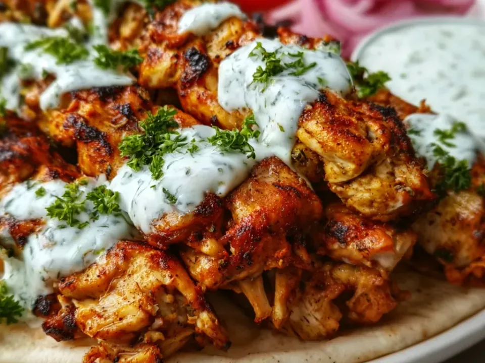 Charred red-spiced shawarma chicken piled on an open flatbread, drizzled heavily with white herbed yogurt sauce, with tomato wedges, raw red onion and a bowl of sauce alongside