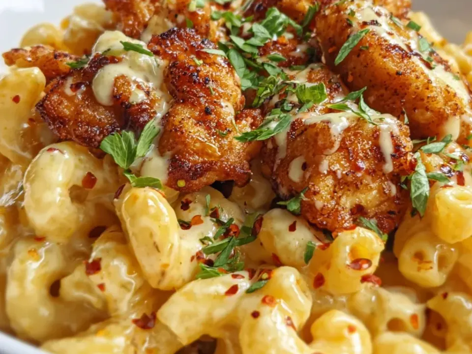 Creamy yellow cavatappi macaroni cheese in a white bowl topped with browned fried chicken pieces, a pale honey glaze drizzle, red chilli flakes and chopped parsley