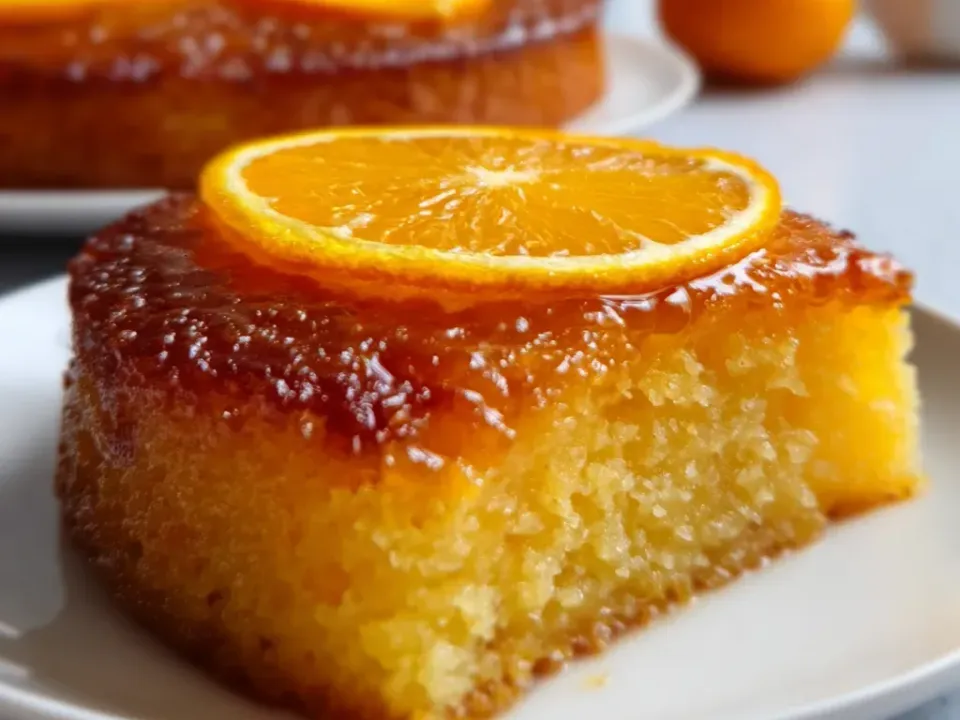 A wedge of golden sponge with a glossy amber caramelized top and a fresh orange slice, with the whole cake covered in overlapping orange slices behind
